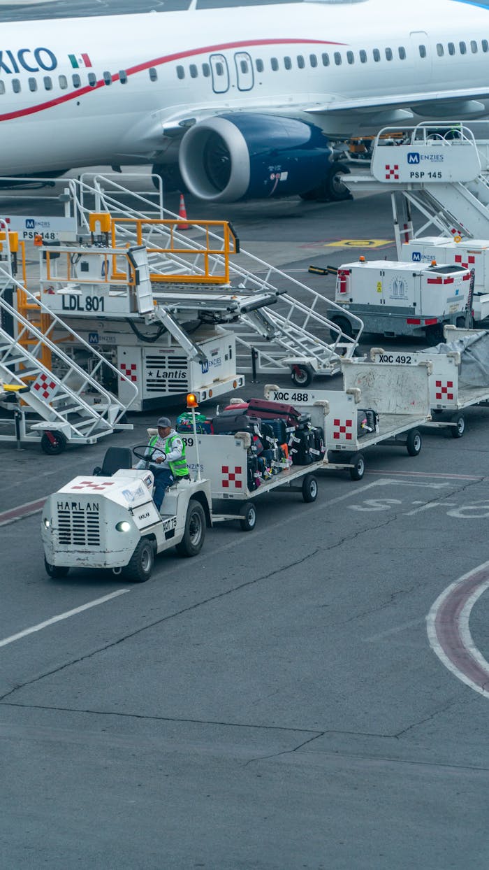 A bustling airport scene with ground crew and baggage carts near an airplane on the tarmac.